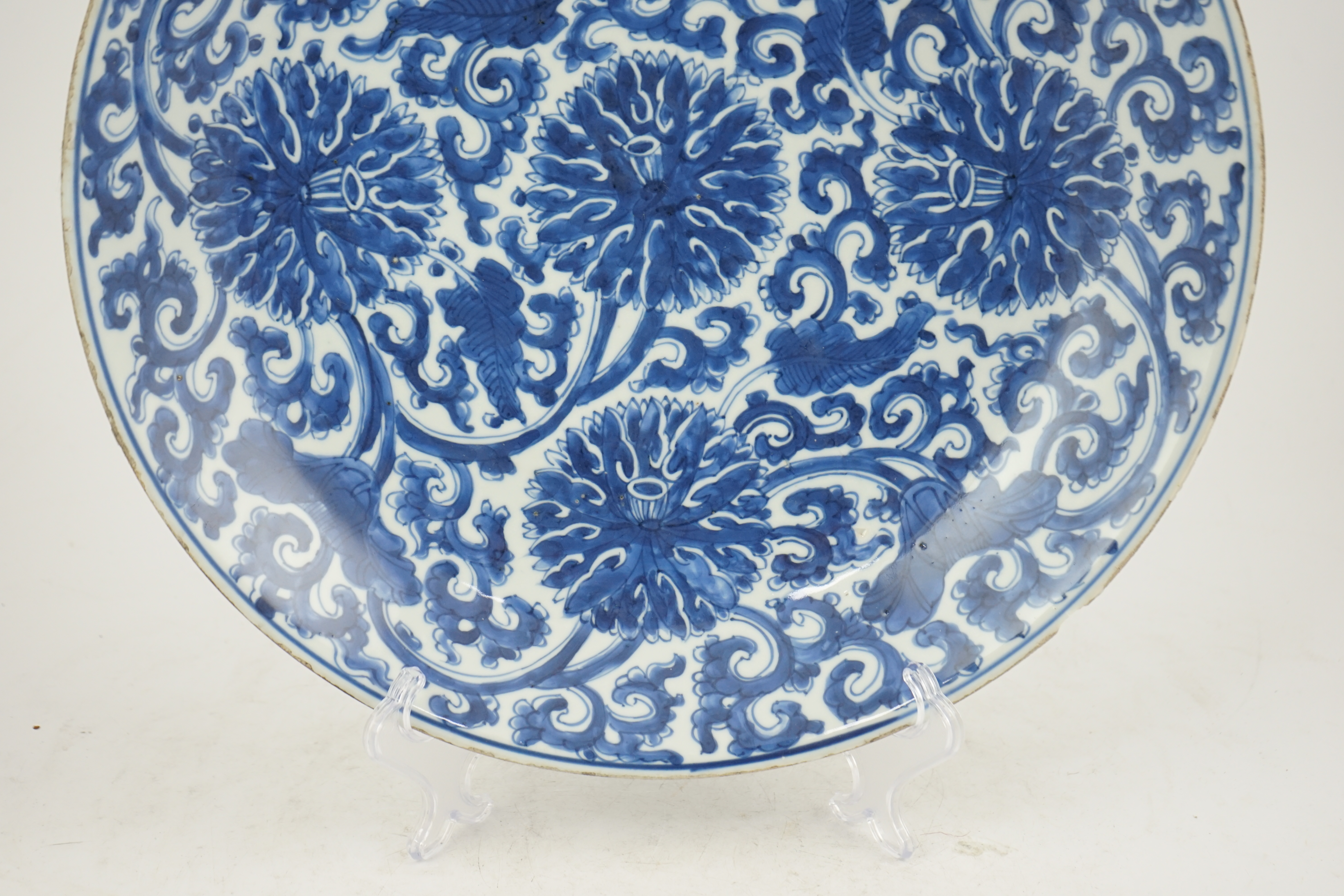 A large Chinese blue and white ‘lotus’ dish, Kangxi period